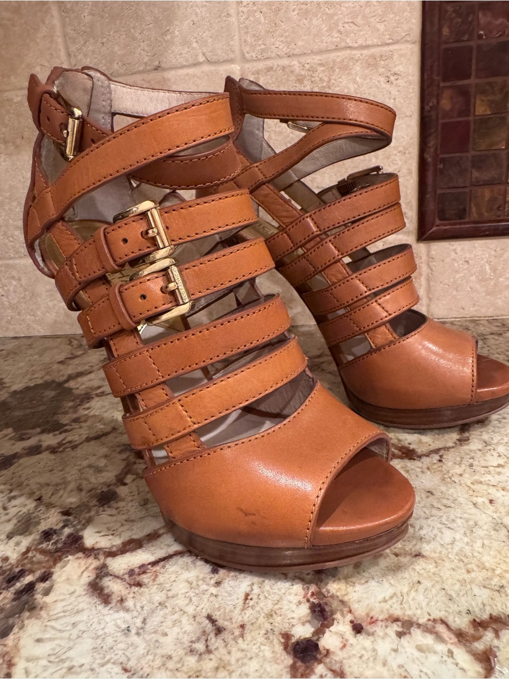 Michael Kors Leather Cognac Strappy Buckle High Heel 3”